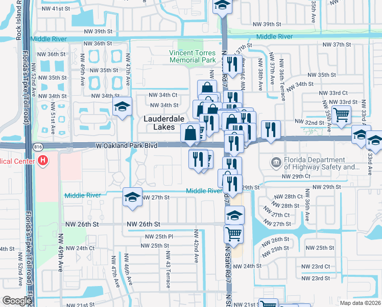 map of restaurants, bars, coffee shops, grocery stores, and more near 4330 West Oakland Park Boulevard in Lauderdale Lakes