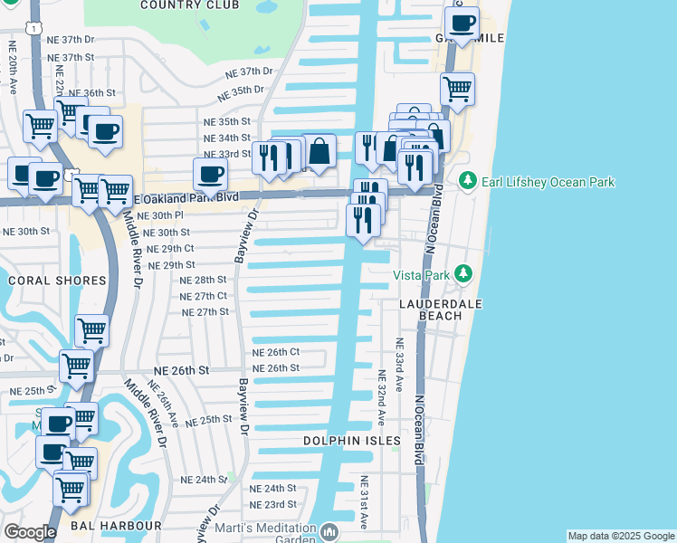 map of restaurants, bars, coffee shops, grocery stores, and more near 2891 Northeast 28th Street in Fort Lauderdale