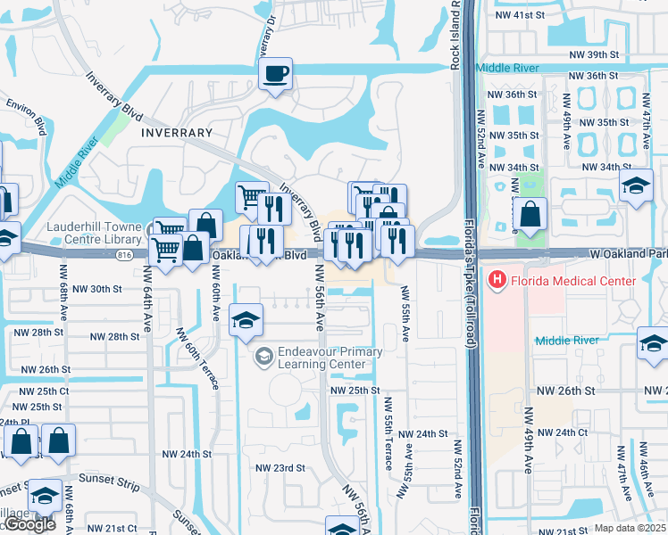 map of restaurants, bars, coffee shops, grocery stores, and more near 5580 West Oakland Park Boulevard in Lauderhill