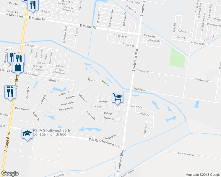 map of restaurants, bars, coffee shops, grocery stores, and more near 1312 Rhett Drive in Pharr