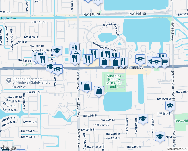 map of restaurants, bars, coffee shops, grocery stores, and more near 3054 Northwest 29th Terrace in Oakland Park