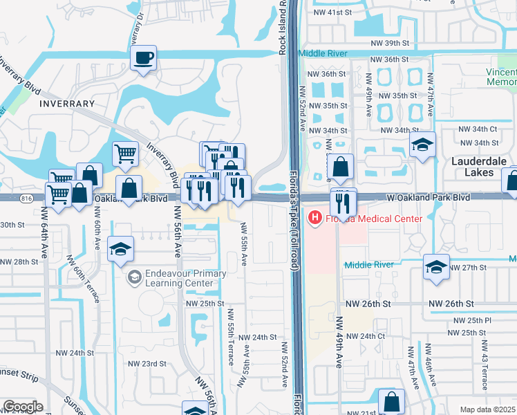 map of restaurants, bars, coffee shops, grocery stores, and more near 2960 Northwest 55th Avenue in Lauderhill