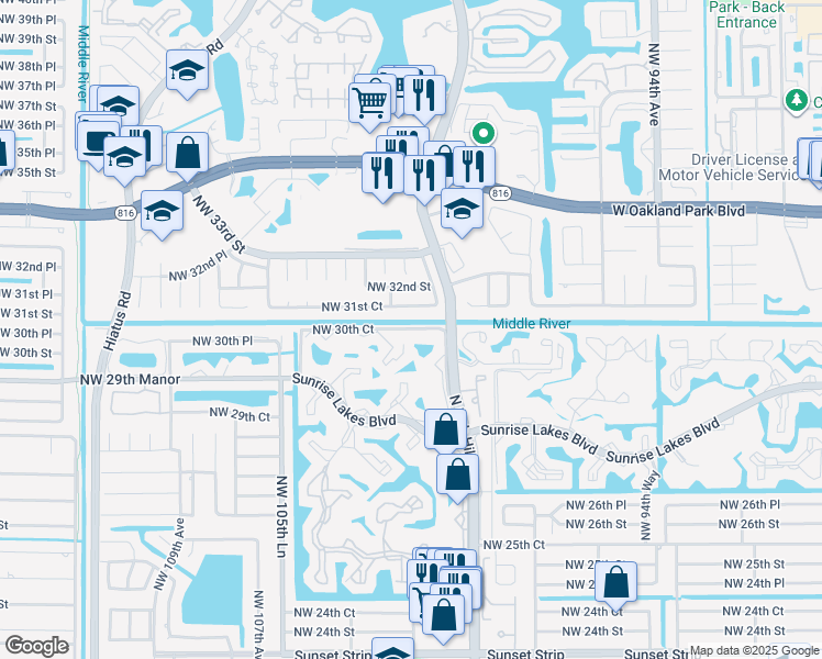 map of restaurants, bars, coffee shops, grocery stores, and more near 10118 Northwest 31st Court in Sunrise
