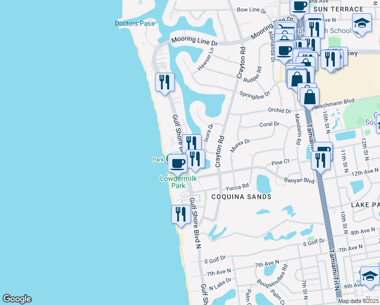 map of restaurants, bars, coffee shops, grocery stores, and more near 1551 Ixora Drive in Naples