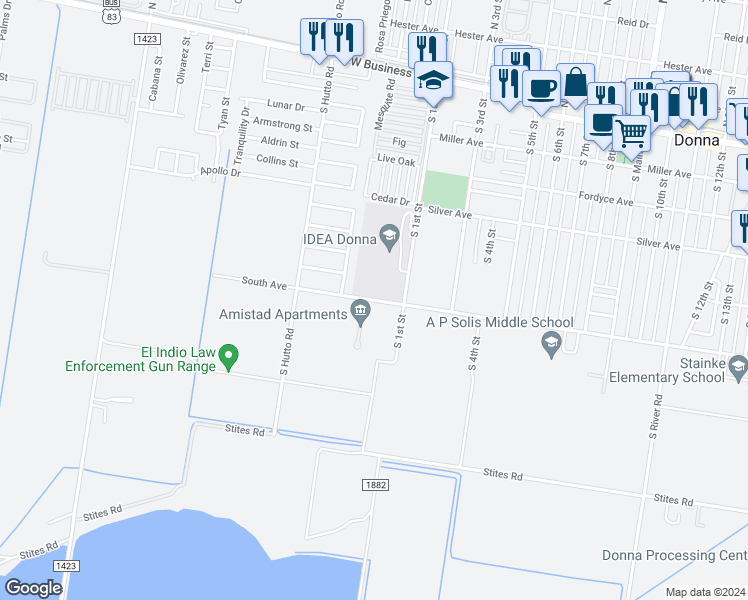 map of restaurants, bars, coffee shops, grocery stores, and more near 202 South Avenue in Donna