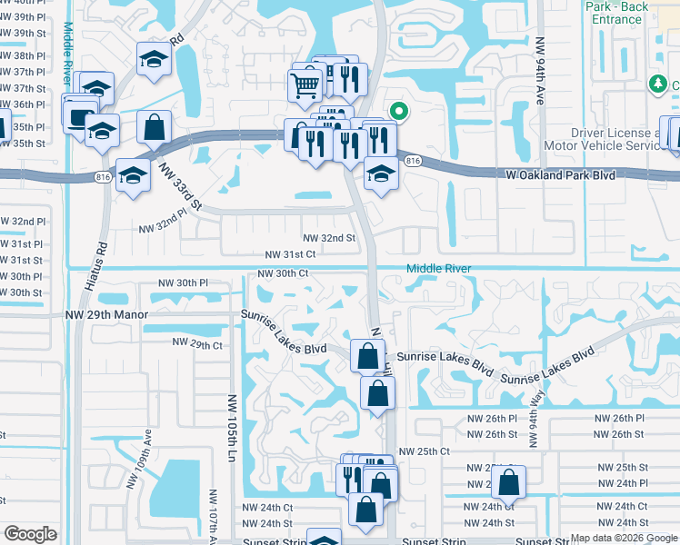 map of restaurants, bars, coffee shops, grocery stores, and more near 10118 Northwest 31st Court in Sunrise