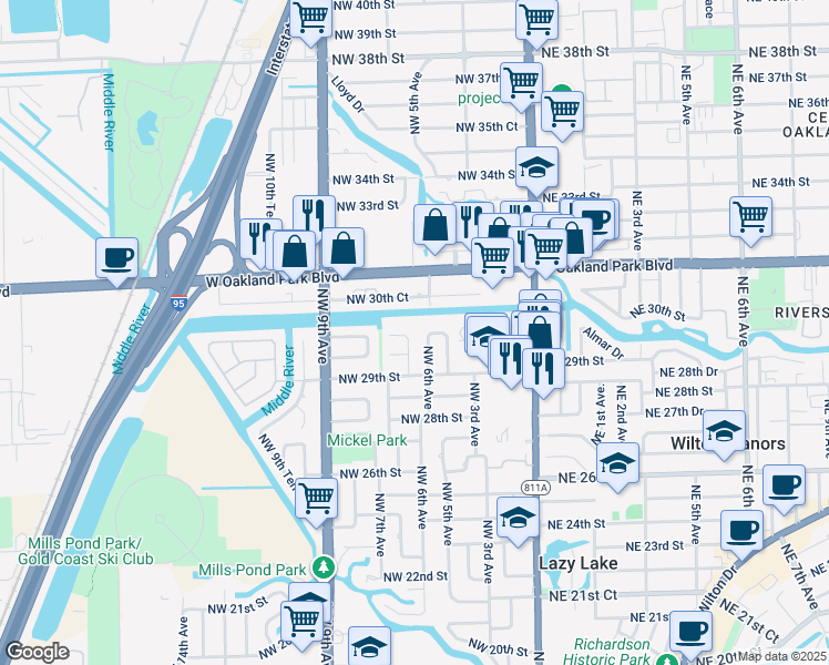 map of restaurants, bars, coffee shops, grocery stores, and more near 2956 Northwest 6th Terrace in Wilton Manors