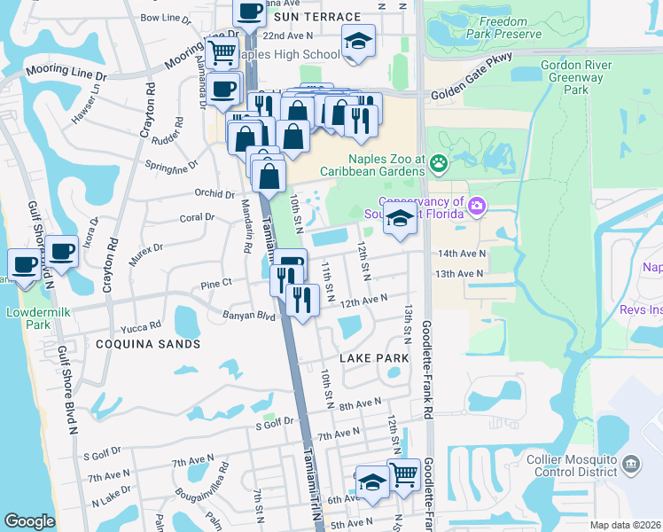 map of restaurants, bars, coffee shops, grocery stores, and more near 1360 11th Street North in Naples