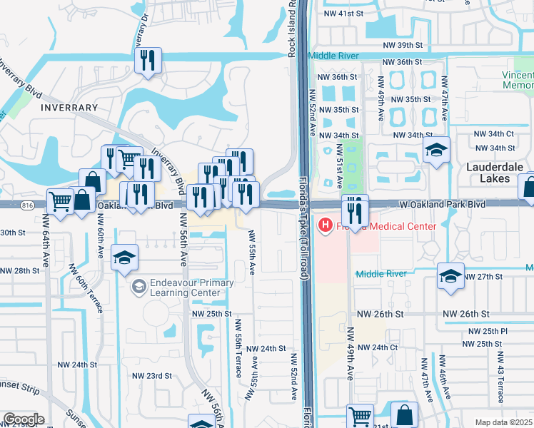 map of restaurants, bars, coffee shops, grocery stores, and more near 2960 Northwest 55th Avenue in Lauderhill