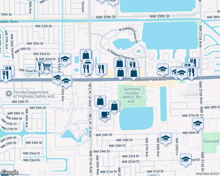 map of restaurants, bars, coffee shops, grocery stores, and more near 3054 Northwest 29th Terrace in Oakland Park
