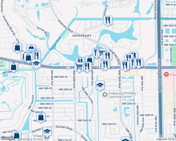 map of restaurants, bars, coffee shops, grocery stores, and more near 6200 West Oakland Park Boulevard in Sunrise
