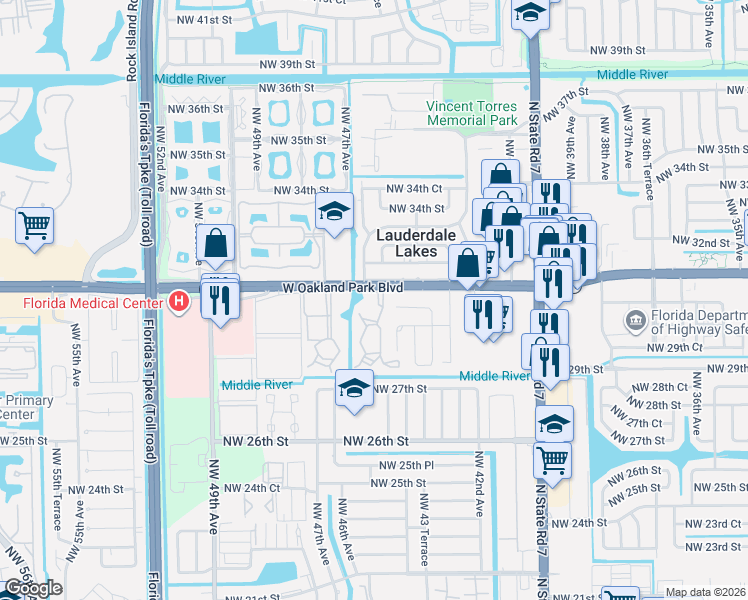 map of restaurants, bars, coffee shops, grocery stores, and more near 215 Northwest 46th Avenue in Lauderdale Lakes