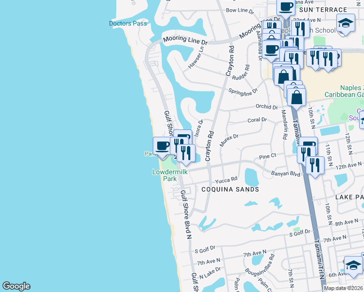 map of restaurants, bars, coffee shops, grocery stores, and more near 1551 Ixora Drive in Naples