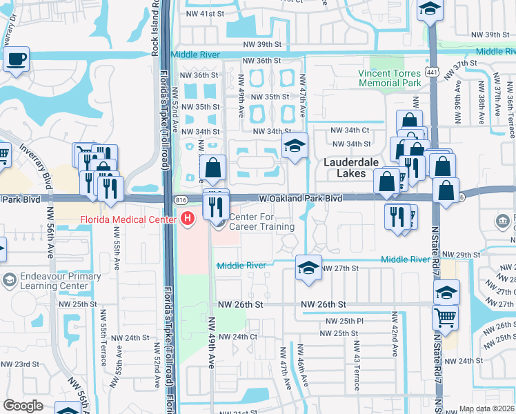 map of restaurants, bars, coffee shops, grocery stores, and more near 3001 Northwest 48th Avenue in Lauderdale Lakes