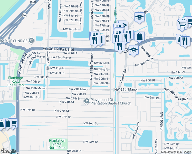 map of restaurants, bars, coffee shops, grocery stores, and more near 11440 Northwest 31st Street in Sunrise