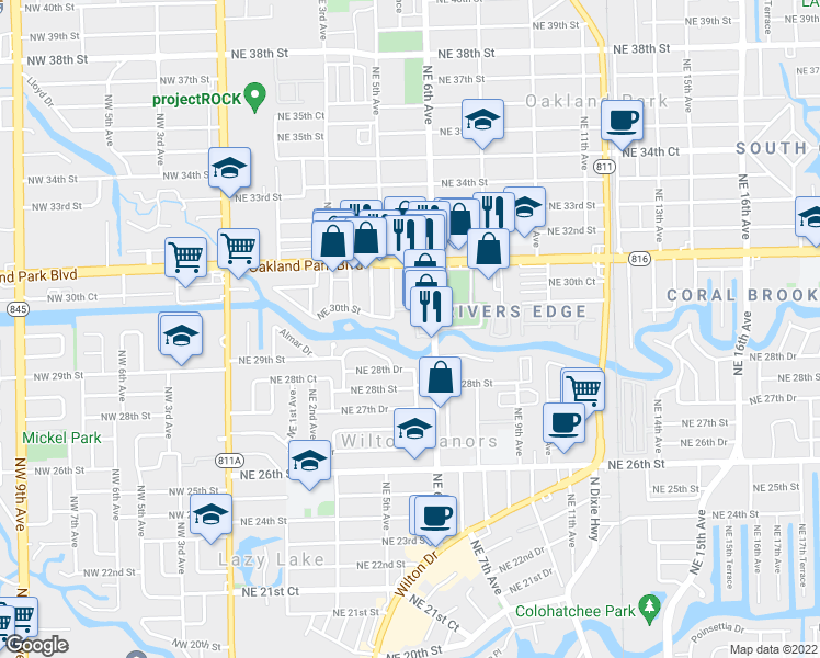 map of restaurants, bars, coffee shops, grocery stores, and more near 3004 Northeast 5th Terrace in Wilton Manors