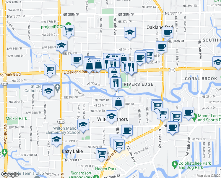 map of restaurants, bars, coffee shops, grocery stores, and more near 3004 Northeast 5th Terrace in Wilton Manors
