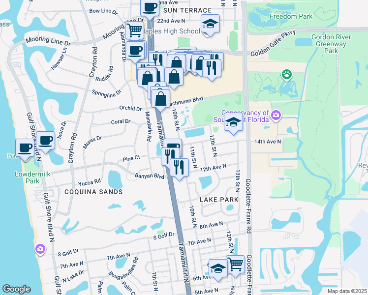 map of restaurants, bars, coffee shops, grocery stores, and more near 1376 10th Street North in Naples