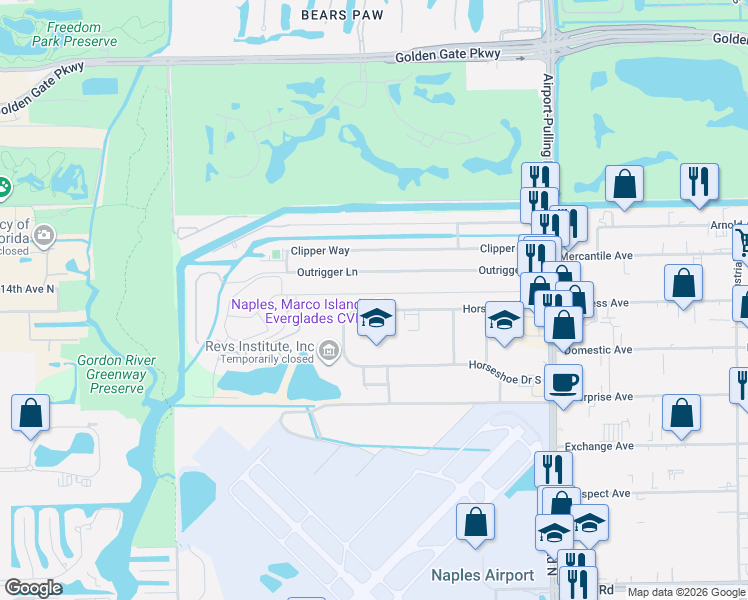 map of restaurants, bars, coffee shops, grocery stores, and more near 2404 River Reach Drive in Naples