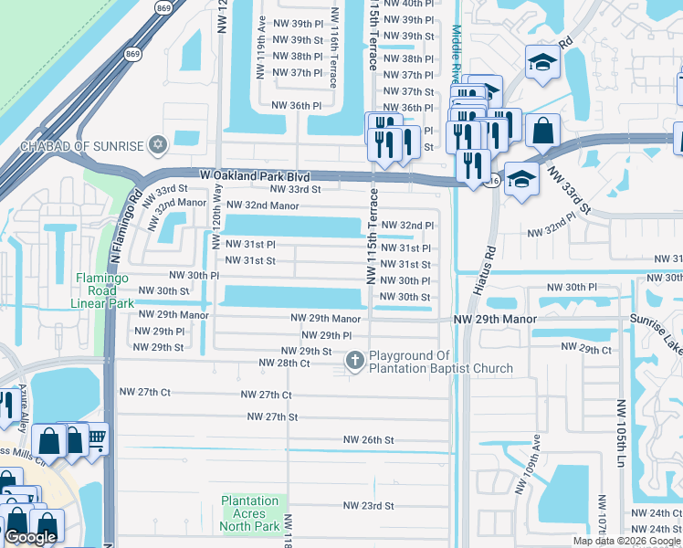 map of restaurants, bars, coffee shops, grocery stores, and more near 11650 Northwest 31st Street in Sunrise