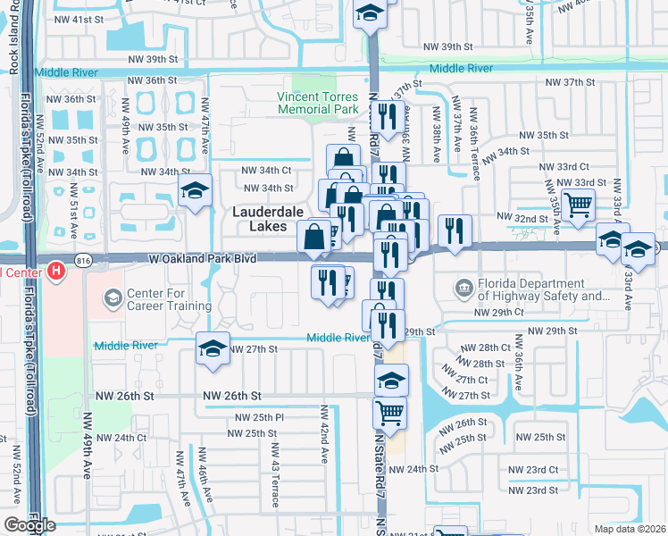 map of restaurants, bars, coffee shops, grocery stores, and more near 4200 West Oakland Park Boulevard in Lauderdale Lakes