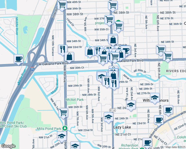 map of restaurants, bars, coffee shops, grocery stores, and more near 501 Northwest 30th Street in Wilton Manors