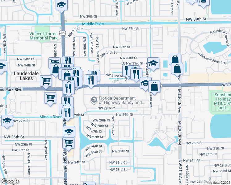 map of restaurants, bars, coffee shops, grocery stores, and more near 3541 Northwest 30th Place in Lauderdale Lakes