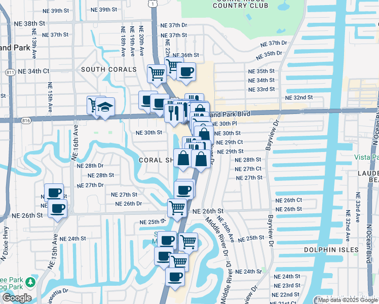 map of restaurants, bars, coffee shops, grocery stores, and more near 2935 North Federal Highway in Fort Lauderdale