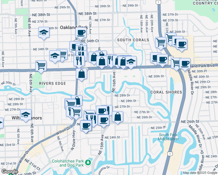 map of restaurants, bars, coffee shops, grocery stores, and more near 2950 Northeast 15th Terrace in Oakland Park