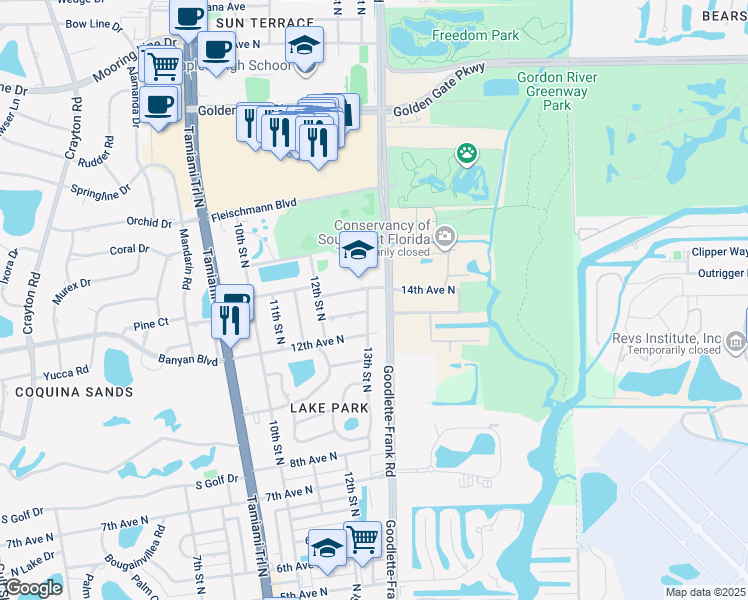 map of restaurants, bars, coffee shops, grocery stores, and more near 1354 13th Street North in Naples