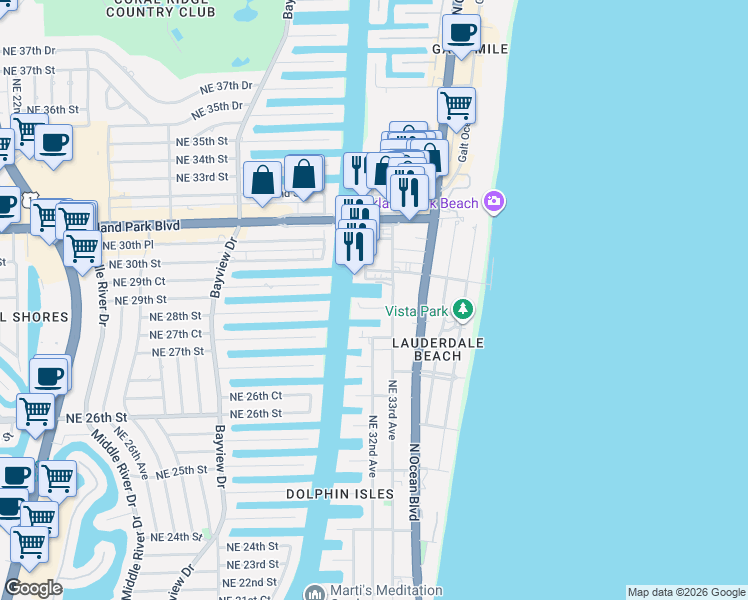 map of restaurants, bars, coffee shops, grocery stores, and more near 3201 Northeast 29th Street in Fort Lauderdale