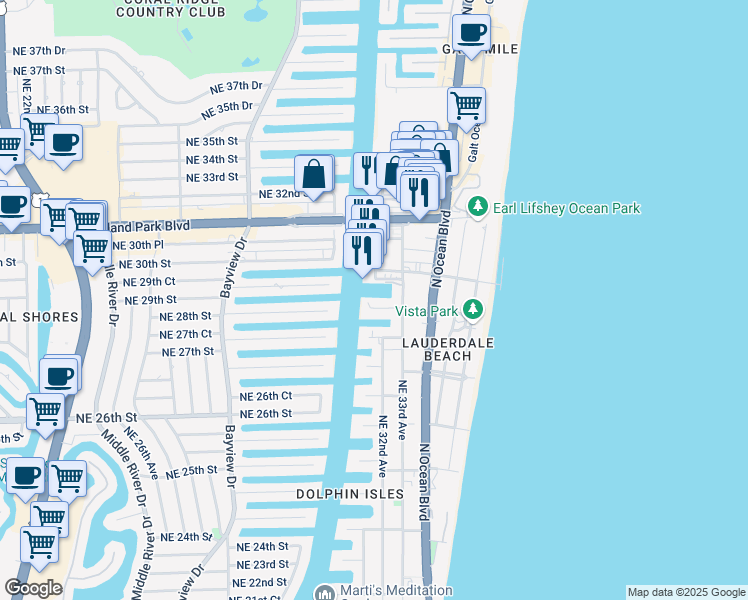 map of restaurants, bars, coffee shops, grocery stores, and more near 3201 Northeast 29th Street in Fort Lauderdale