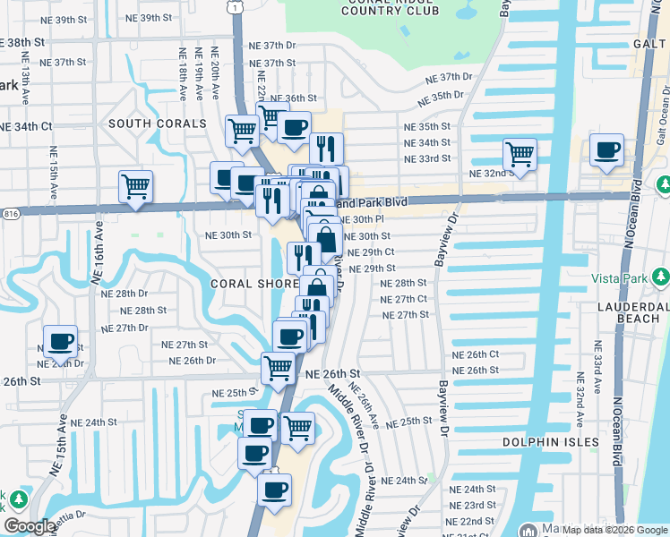 map of restaurants, bars, coffee shops, grocery stores, and more near 2900 North Federal Highway in Fort Lauderdale