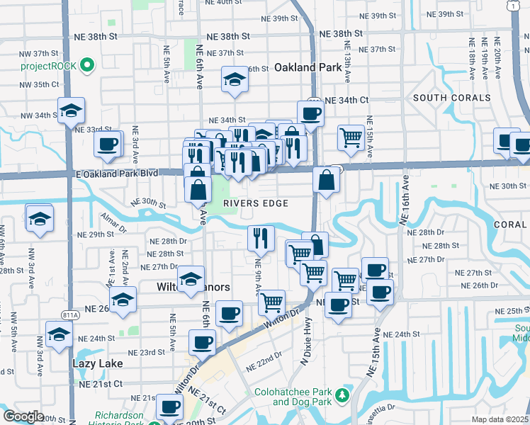 map of restaurants, bars, coffee shops, grocery stores, and more near 2949 North Dixie Highway in Oakland Park