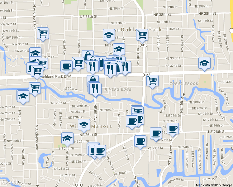 map of restaurants, bars, coffee shops, grocery stores, and more near 2910 Northeast 8th Terrace in Wilton Manors