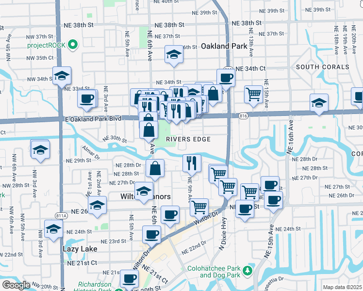 map of restaurants, bars, coffee shops, grocery stores, and more near 2910 Northeast 8th Terrace in Wilton Manors