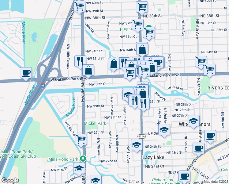 map of restaurants, bars, coffee shops, grocery stores, and more near 501 Northwest 30th Street in Wilton Manors