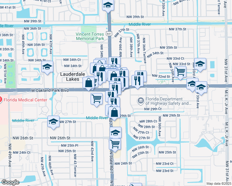 map of restaurants, bars, coffee shops, grocery stores, and more near 3970 West Oakland Park Boulevard in Lauderdale Lakes