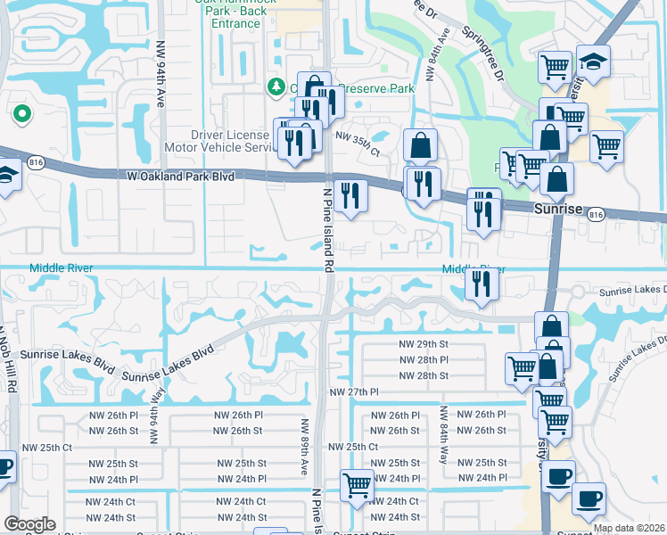 map of restaurants, bars, coffee shops, grocery stores, and more near 8841 Sunrise Lakes Boulevard in Sunrise