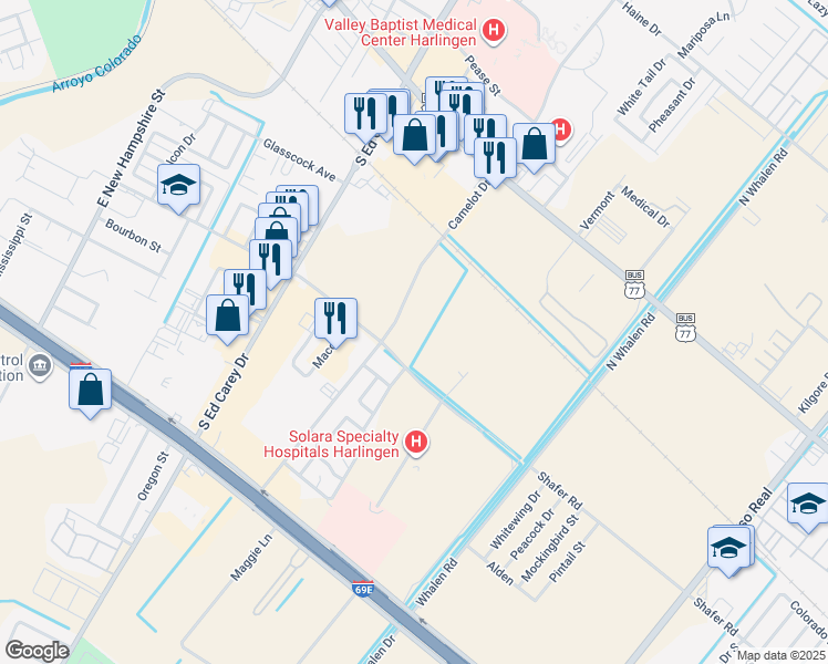 map of restaurants, bars, coffee shops, grocery stores, and more near 820 Camelot Drive in Harlingen