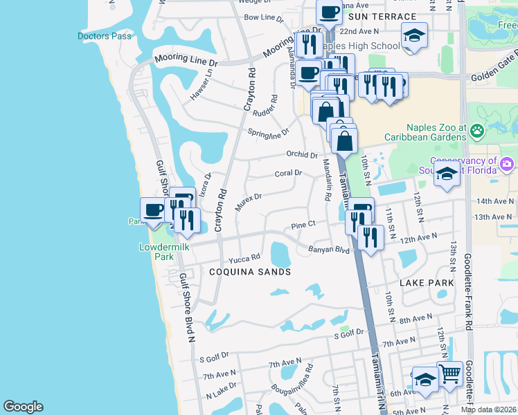 map of restaurants, bars, coffee shops, grocery stores, and more near 525 Yucca Road in Naples