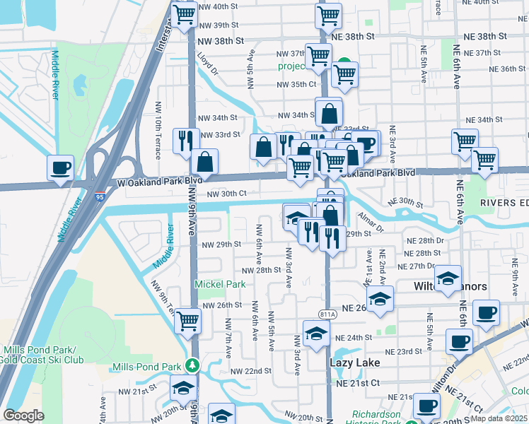map of restaurants, bars, coffee shops, grocery stores, and more near 501 Northwest 30th Street in Wilton Manors