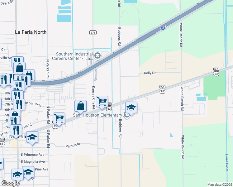map of restaurants, bars, coffee shops, grocery stores, and more near 27224 Beddoes Rd in La Feria