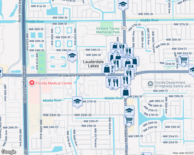 map of restaurants, bars, coffee shops, grocery stores, and more near 4414 West Oak Park Access Road in Lauderdale Lakes