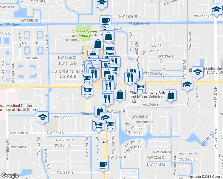 map of restaurants, bars, coffee shops, grocery stores, and more near 3970 W Oakland Park Blvd in Lauderdale Lakes
