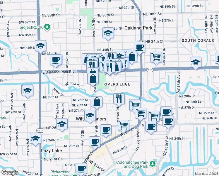 map of restaurants, bars, coffee shops, grocery stores, and more near 2910 Northeast 8th Terrace in Wilton Manors