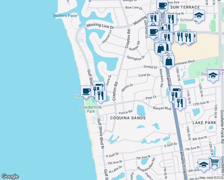map of restaurants, bars, coffee shops, grocery stores, and more near 1555 Crayton Road in Naples