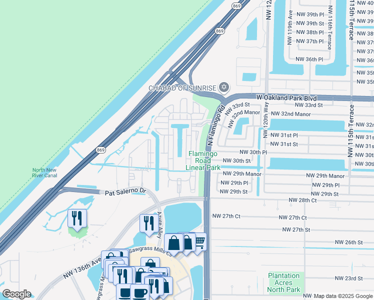 map of restaurants, bars, coffee shops, grocery stores, and more near 3161 Northwest 125th Way in Sunrise
