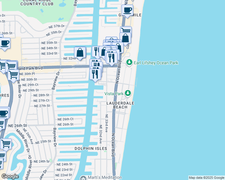 map of restaurants, bars, coffee shops, grocery stores, and more near 2841 North Ocean Boulevard in Fort Lauderdale