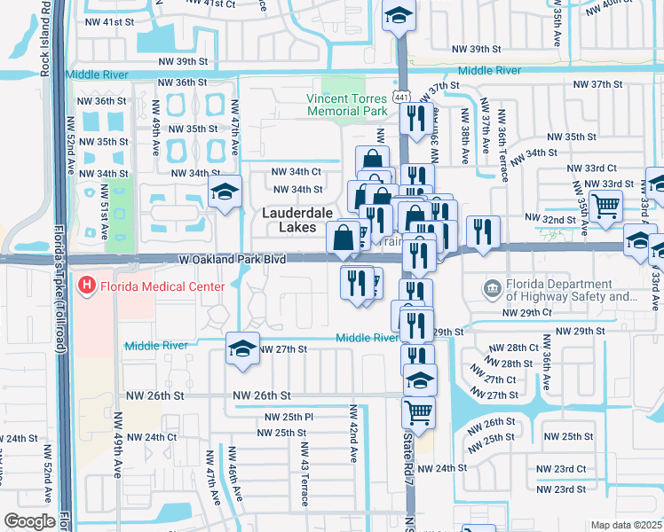 map of restaurants, bars, coffee shops, grocery stores, and more near 4330 West Oakland Park Boulevard in Lauderdale Lakes